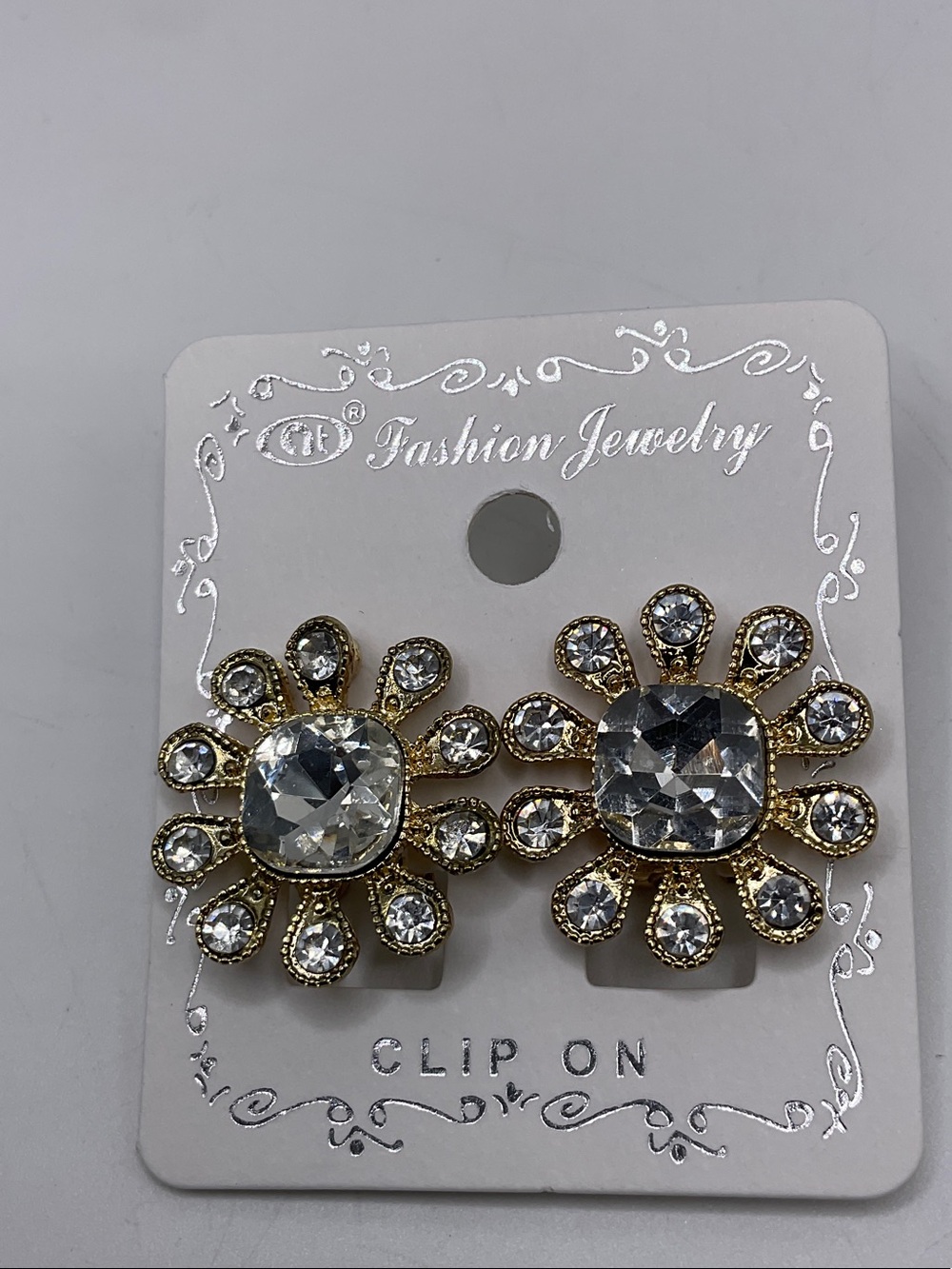 Fashion Jewelry Gold and Clear Crystal Floral Clip-On Earrings